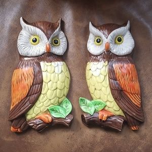 Vintage Set (2) Ceramic Lefton Owls ~ Wall Hanging Art